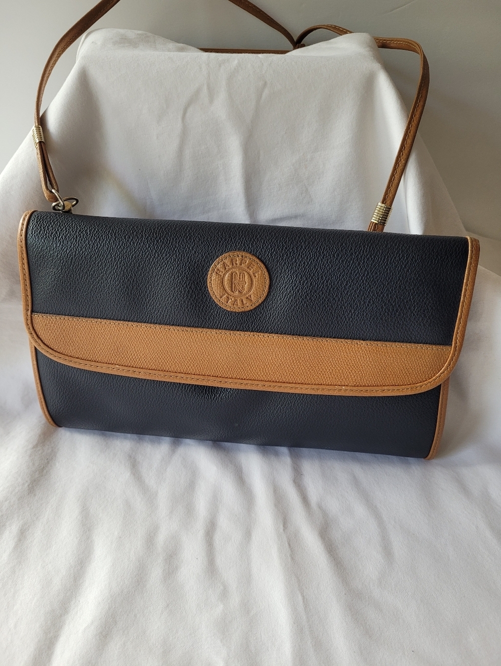 Vintage Harpel Florence Italian  Leather Two-Tone Black and Tan Crossbody Bag